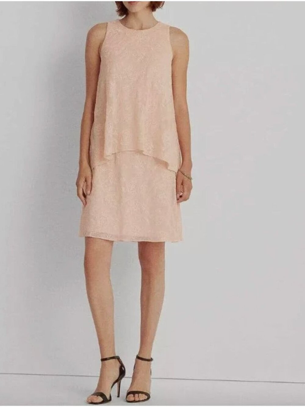 Ralph Lauren Peach Embroidered Layered Dress Size 10P Petite Sleeveless Wedding